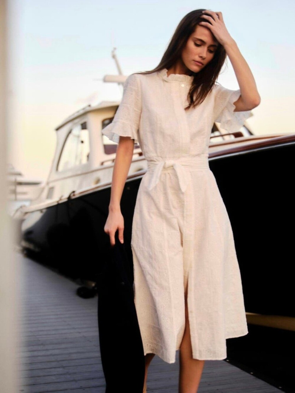 Cartolina Aria Eyelet Midi Dress Soft White Linen Blend Ruffle Detail